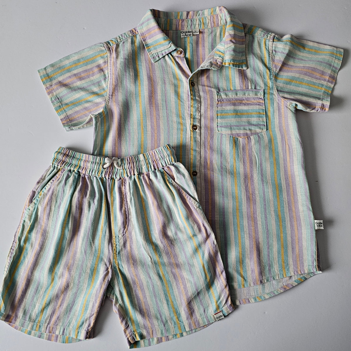 Goldie & Ace Linen Stripe Holiday Shirt & Shorts Duo - Size 8