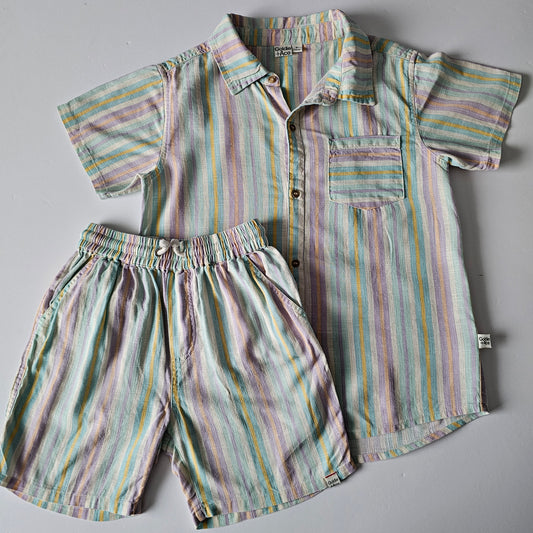 Goldie & Ace Linen Stripe Holiday Shirt & Shorts Duo - Size 8