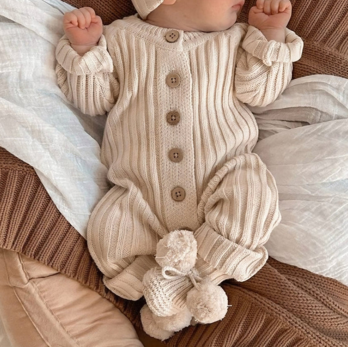 Little B's Honey Milk Knit Ribbed Romper - Size Newborn